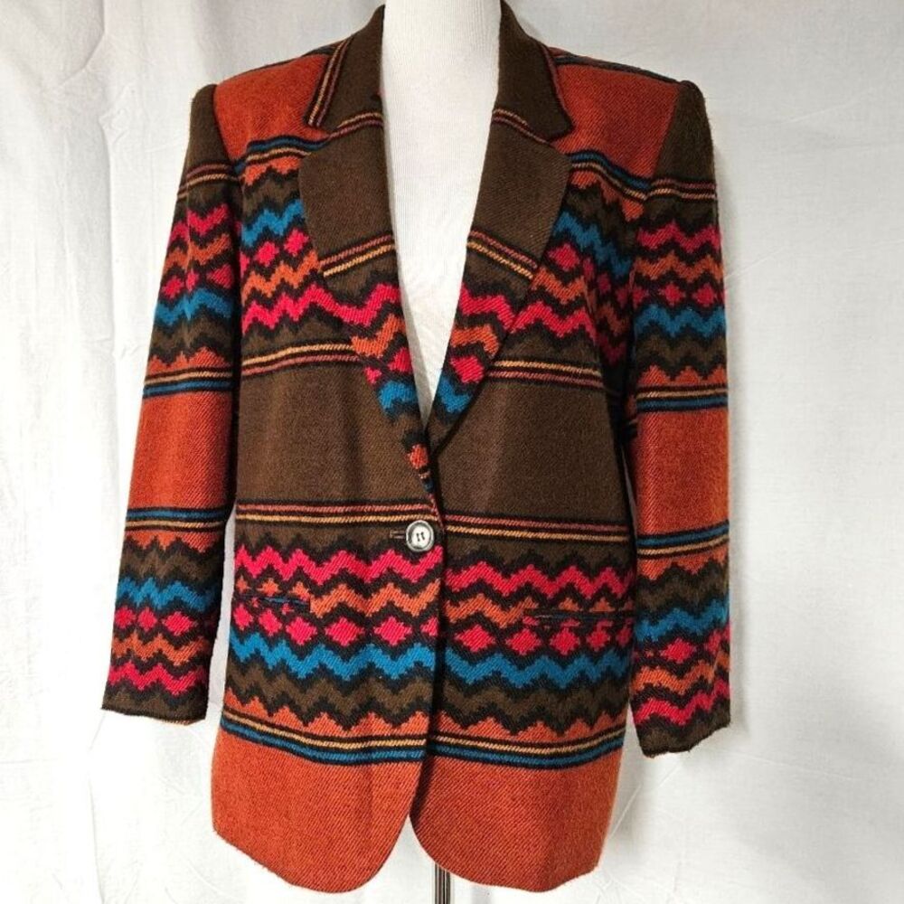 Index by Melrose Vintage Colorful Brown Orange Aztec Southwestern Blazer Jacket